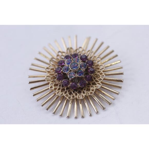 Golden Sunburst with Blue and Purple Rhinestones Brooch, Eye-Catching, Jewelry - Picture 1 of 2